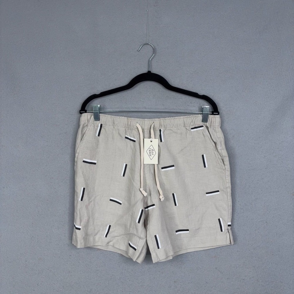 Alex Crane Shorts Mens Medium Beige Dash Print 100% Linen Bo Casual Summer Beach